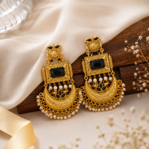 Gold Plated Black Pearl Chandbali Earrings for Women