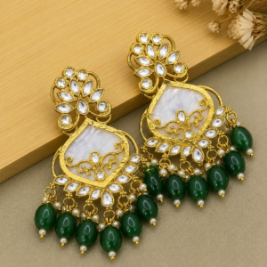 Gold Plated Green Beads Kundan Earrings for Women