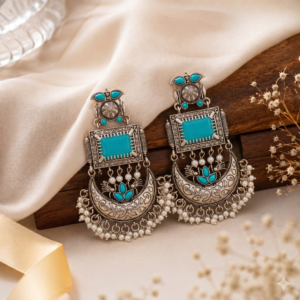 Oxidised Silver Aqua Stone Chandbali Earrings for Women
