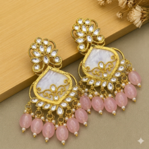 Gold Plated Pink Beads Kundan Earrings for Women | Siya Ratna Jewellery