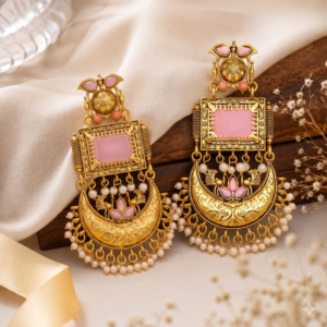 Gold Plated Pink Stone Chandbali Earrings for Women