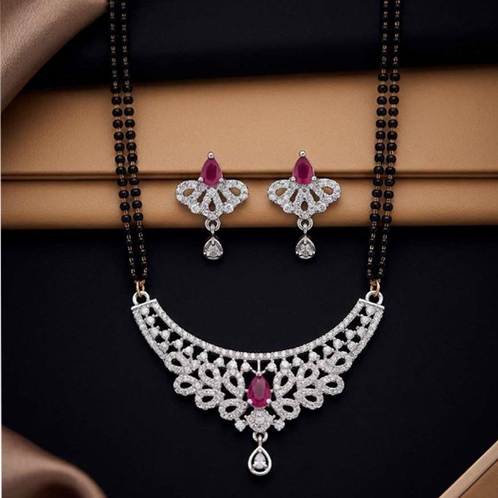 Silver Tone AD Ruby Mangalsutra Set With Matching Earrings (Art NO. 103)