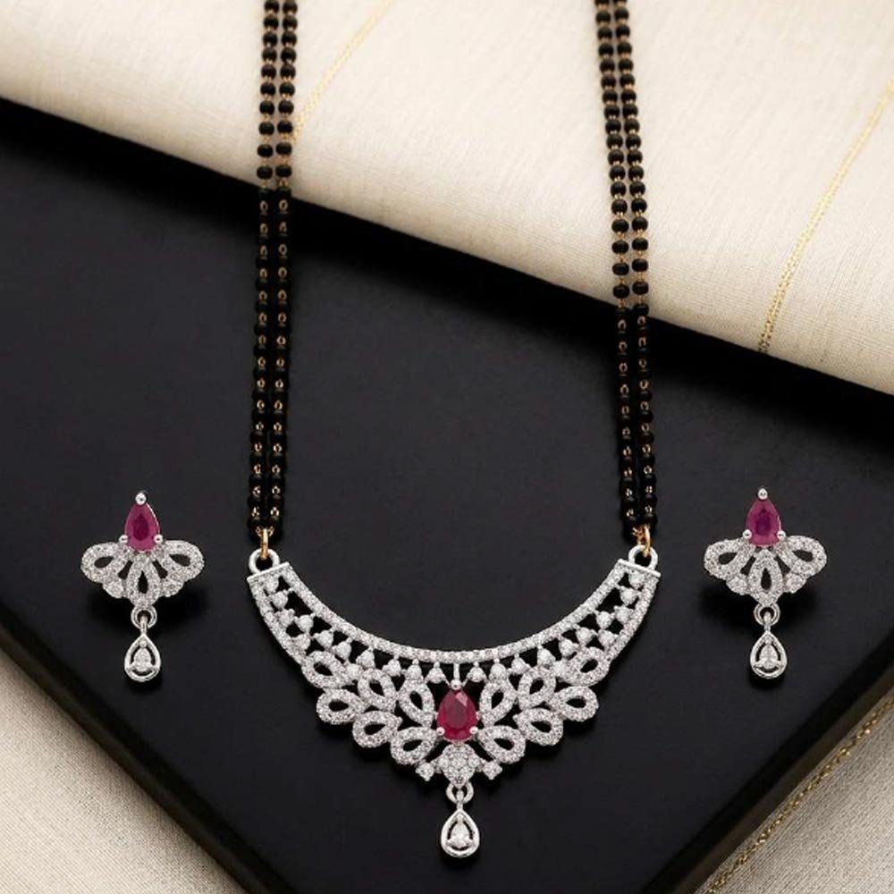 Silver Tone AD Ruby Mangalsutra Set With Matching Earrings (Art NO. 103) - Image 4