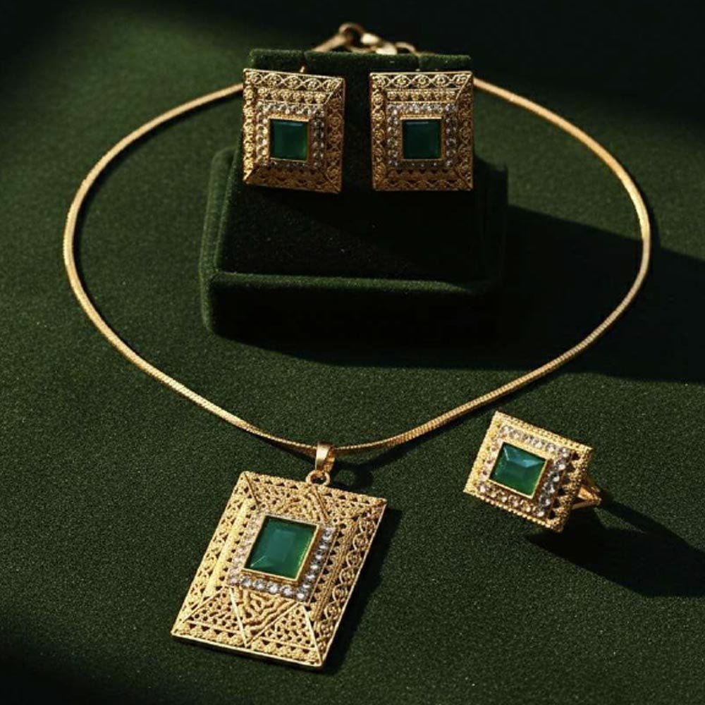 Gold Plated Green Stone Pendant Set With Earrings And Ring (Art No.123) - Image 2