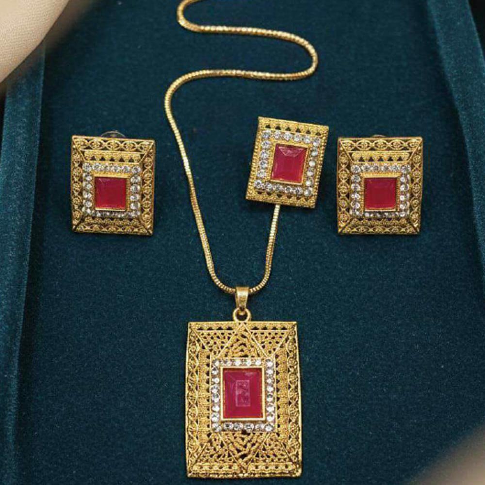 Gold Plated Ruby Stone Pendant Set With Earrings And Ring (Art No.124) - Image 2