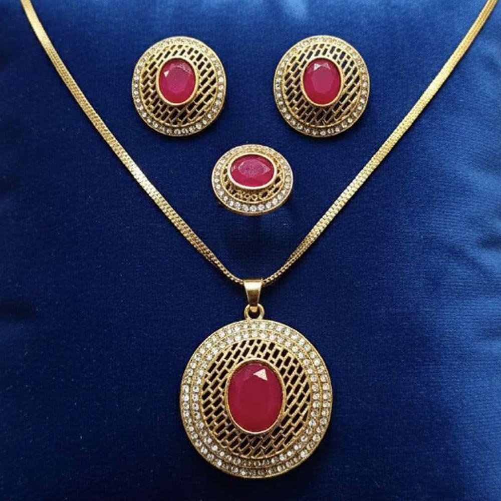 Gold Plated Ruby Stone Pendant Set With Ring & Earrings (Art No.128) - Image 2