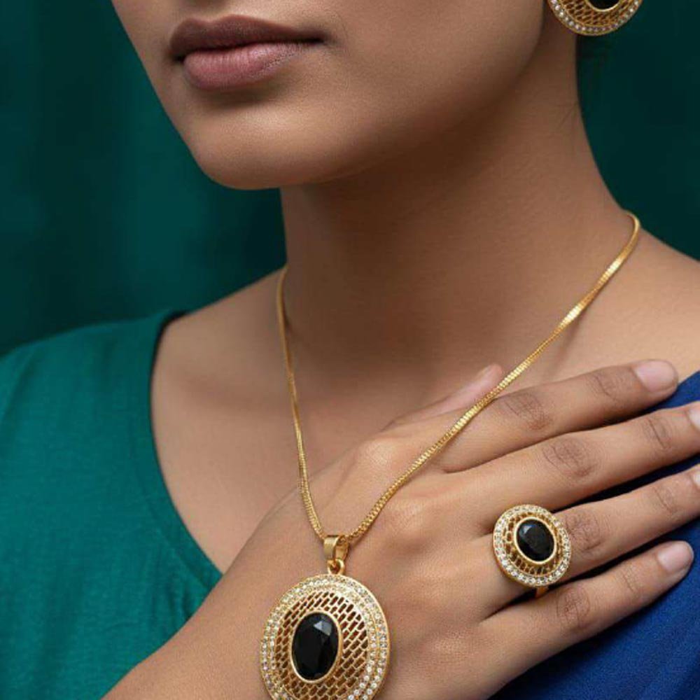 Gold Plated Black Stone Pendant Set With Ring & Studs (Art No.129) - Image 2