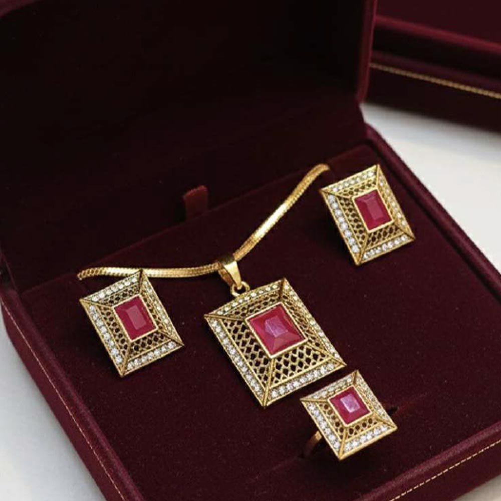 Gold Plated Ruby Pendant Set With Ring & Stud Earrings (Art No.131)
