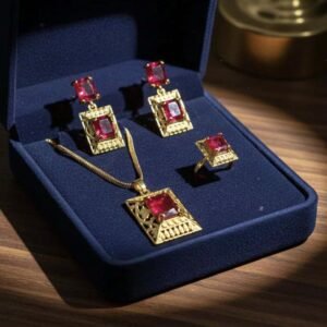 Gold Plated Ruby Stone Pendant Set With Ring & Earrings (Art No.120)