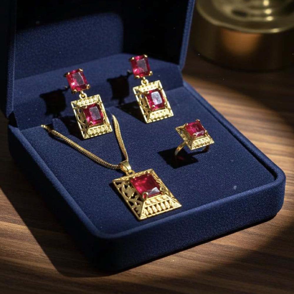 Gold Plated Ruby Stone Pendant Set With Ring & Earrings (Art No.120)