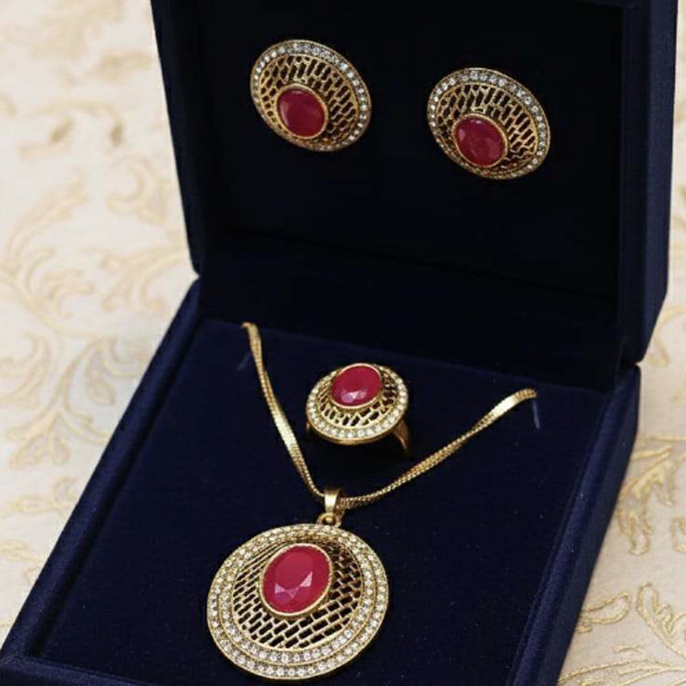 Gold Plated Ruby Stone Pendant Set With Ring & Earrings (Art No.128) - Image 3