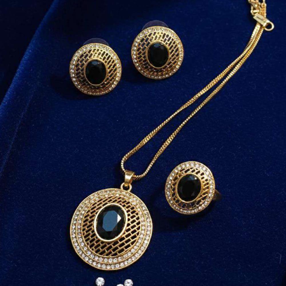 Gold Plated Black Stone Pendant Set With Ring & Studs (Art No.129) - Image 3