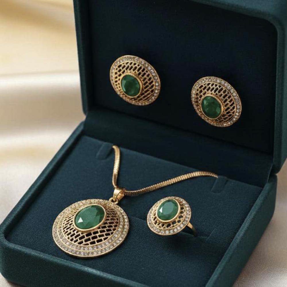Gold Plated Emerald Pendant Set With Ring & Earrings (Art No.130)