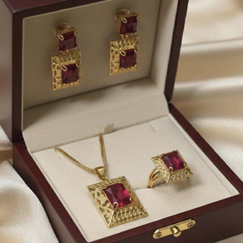 Gold Plated Ruby Stone Pendant Set With Ring & Earrings (Art No.120) - Image 4