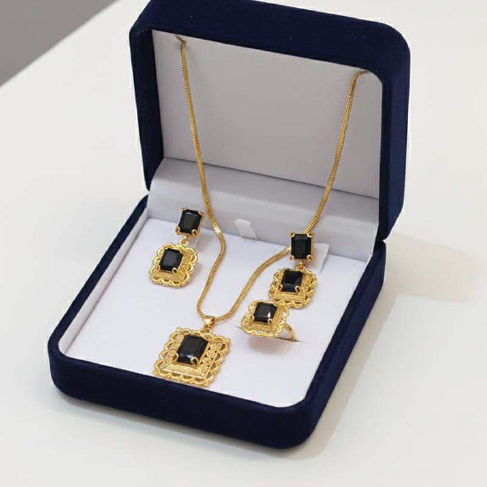 Gold Plated Black Stone Pendant Set With Ring (Art No.121)