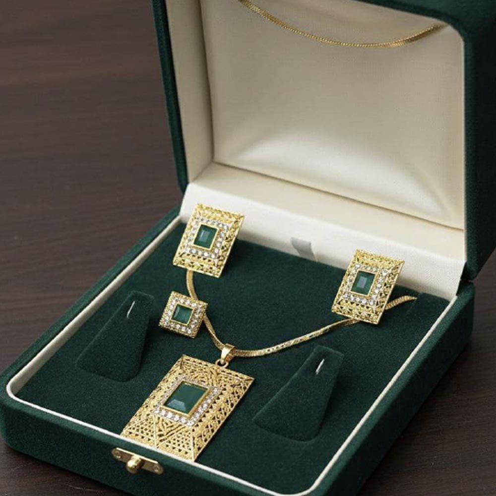 Gold Plated Green Stone Pendant Set With Earrings And Ring (Art No.123) - Image 3