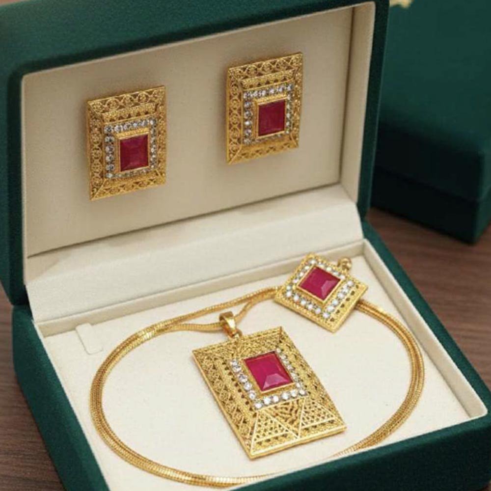 Gold Plated Ruby Stone Pendant Set With Earrings And Ring (Art No.124) - Image 3