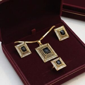 Gold Plated Black Stone Pendant Set With Ring & Earrings (Art No.126)