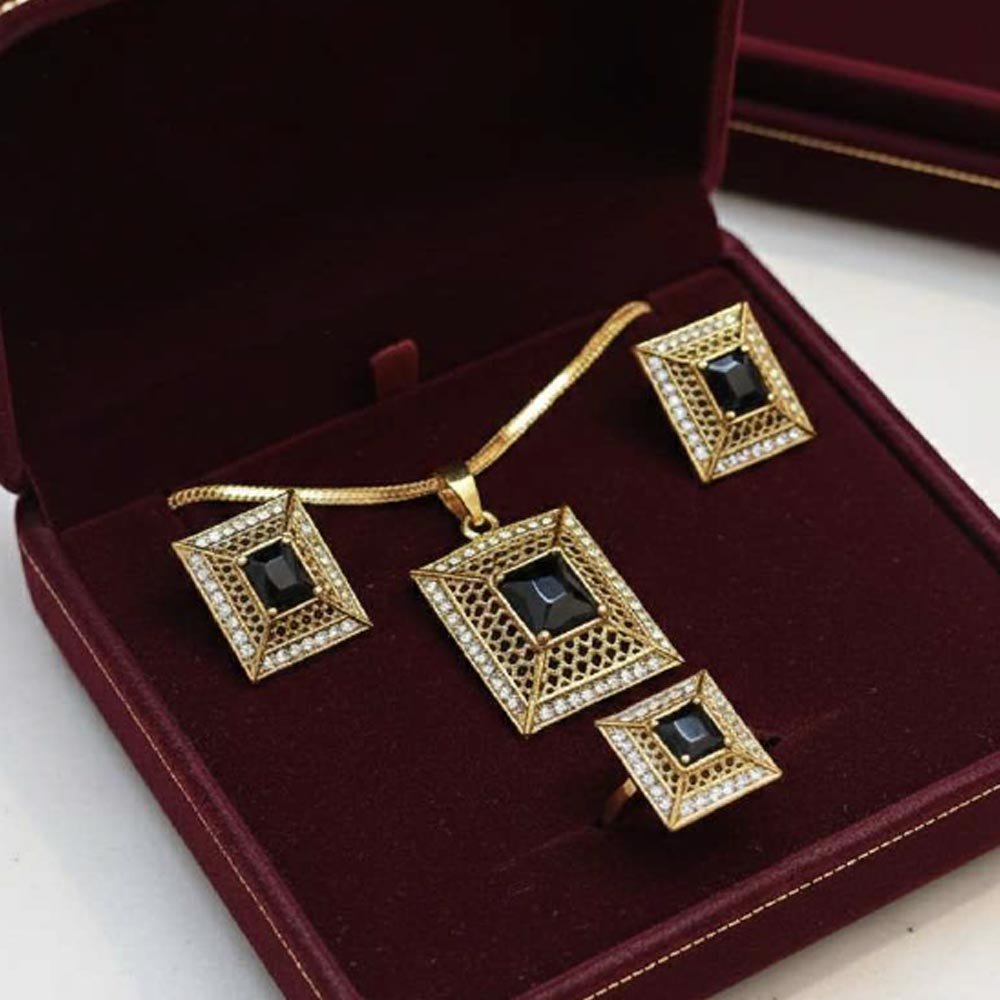Gold Plated Black Stone Pendant Set With Ring & Earrings (Art No.126)
