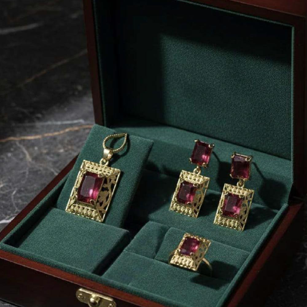 Gold Plated Ruby Stone Pendant Set With Ring & Earrings (Art No.120) - Image 5