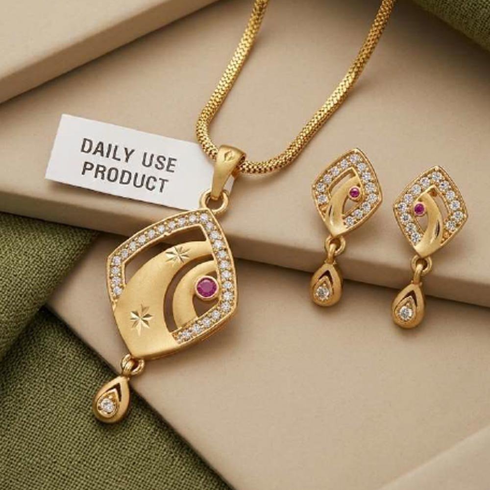 Gold Plated CZ Ruby Pendant Necklace & Earrings Set (Art No.4)