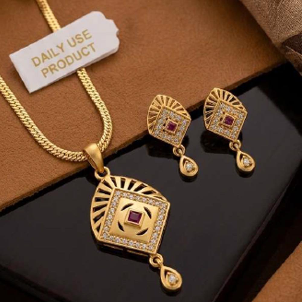 Gold Plated Ruby CZ Designer Pendant & Earrings Set (Art No.3)