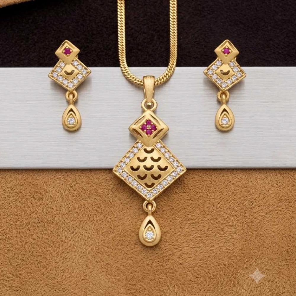 Gold Plated CZ Ruby Pendant Necklace & Earring Set (Art No.2) - Image 3