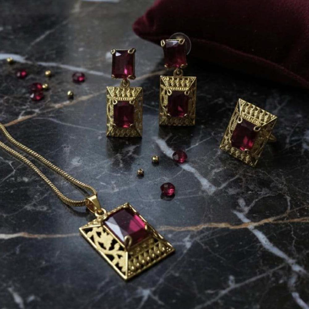 Gold Plated Ruby Stone Pendant Set With Ring & Earrings (Art No.120) - Image 6