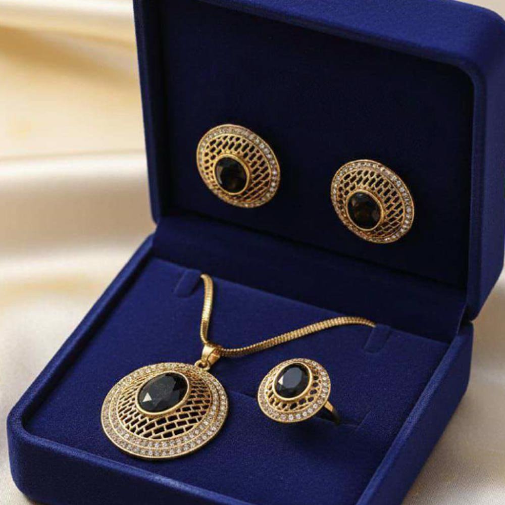 Gold Plated Black Stone Pendant Set With Ring & Studs (Art No.129)
