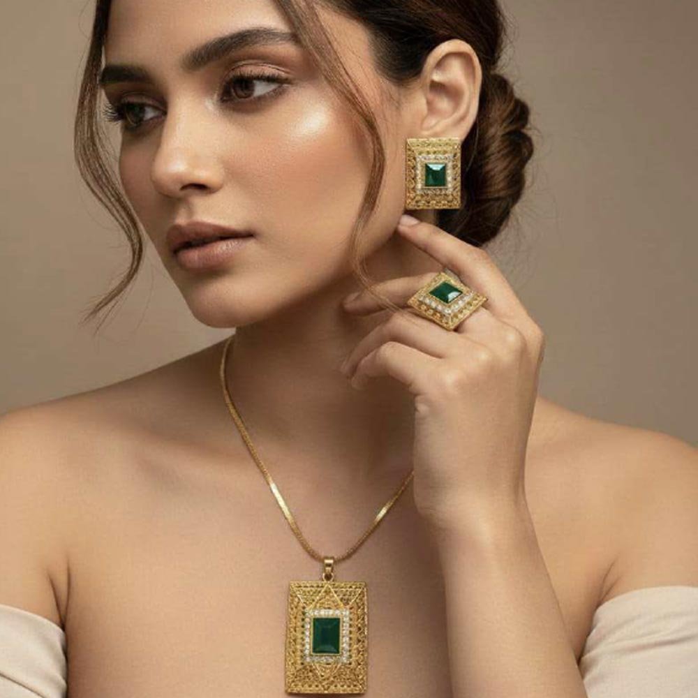Gold Plated Green Stone Pendant Set With Earrings And Ring (Art No.123) - Image 4