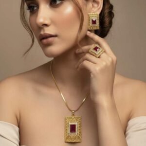 Gold Plated Ruby Stone Pendant Set With Earrings And Ring (Art No.124)
