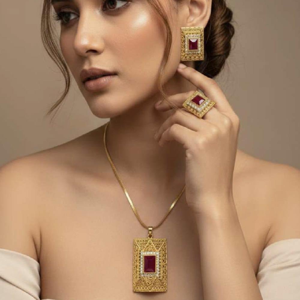 Gold Plated Ruby Stone Pendant Set With Earrings And Ring (Art No.124)