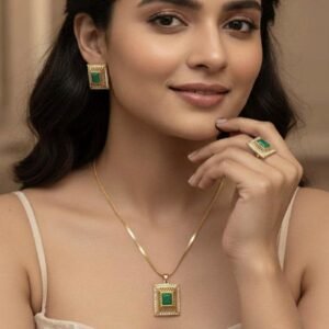 Gold Plated Emerald Green Pendant Set With Ring & Studs (Art No.127)