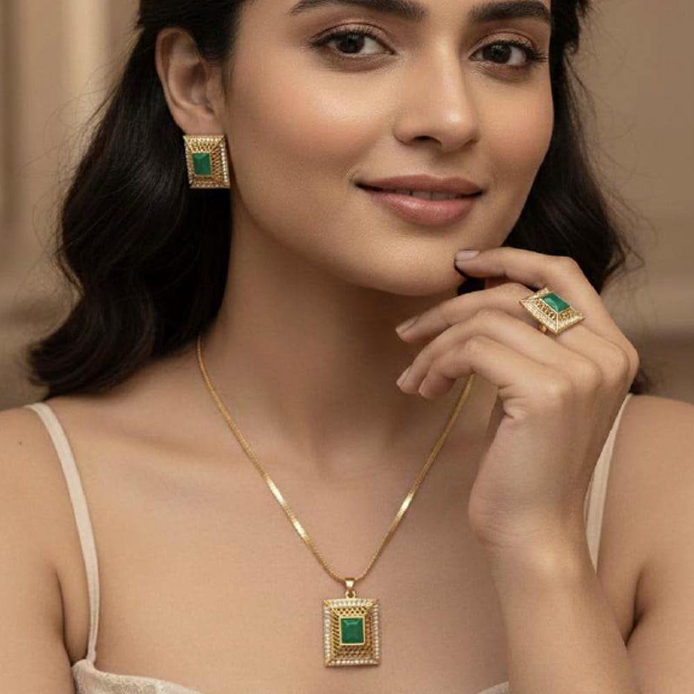Gold Plated Emerald Green Pendant Set With Ring & Studs (Art No.127)