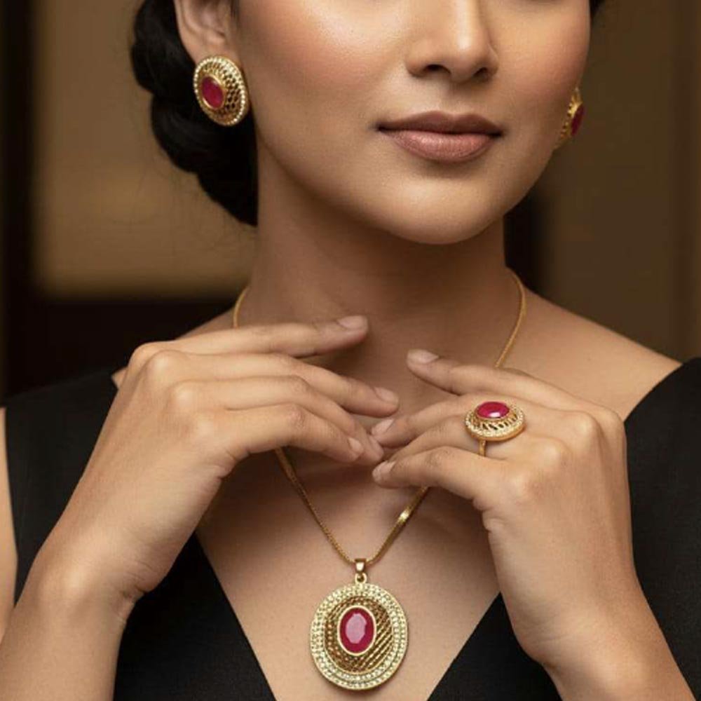 Gold Plated Ruby Stone Pendant Set With Ring & Earrings (Art No.128)