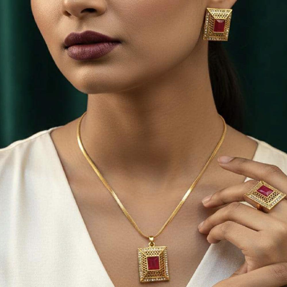 Gold Plated Ruby Pendant Set With Ring & Stud Earrings (Art No.131) - Image 2