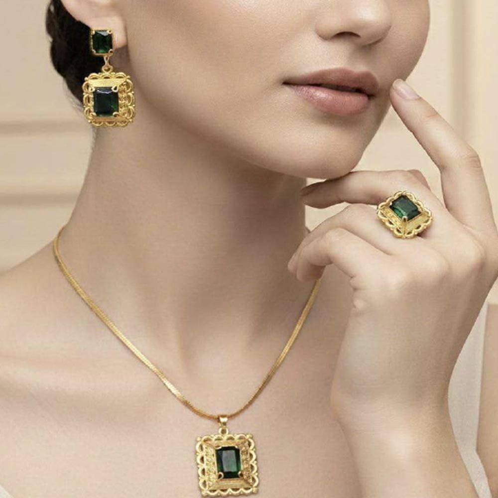 Gold Plated Ruby Stone Pendant Set With Earrings And Ring (Art No.119)