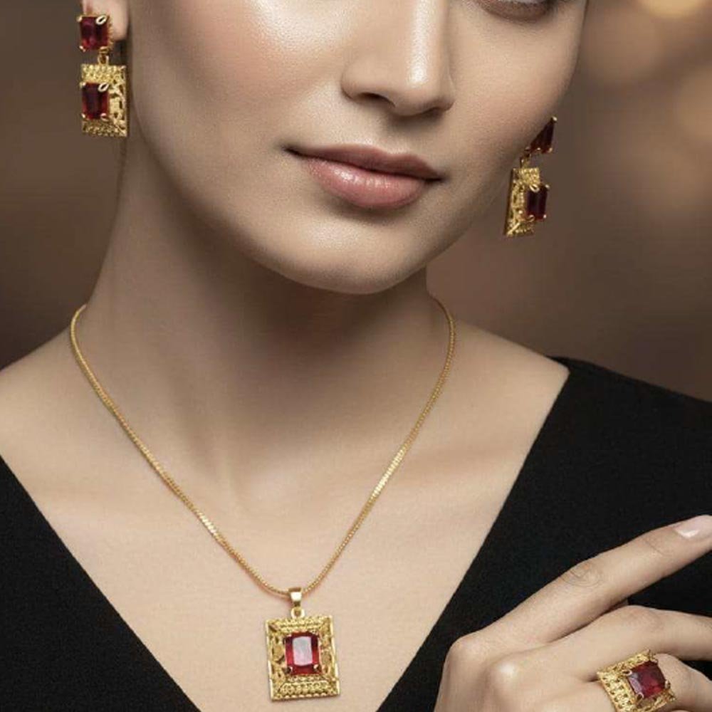 Gold Plated Ruby Stone Pendant Set With Ring & Earrings (Art No.120) - Image 2