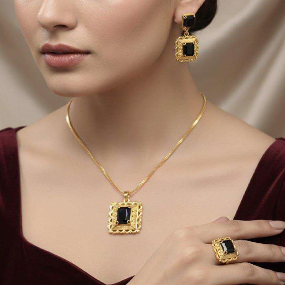 Gold Plated Black Stone Pendant Set With Ring (Art No.121) - Image 2
