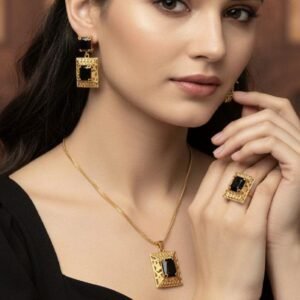 Gold Plated Black Stone Pendant Set With Ring (Art No.122)