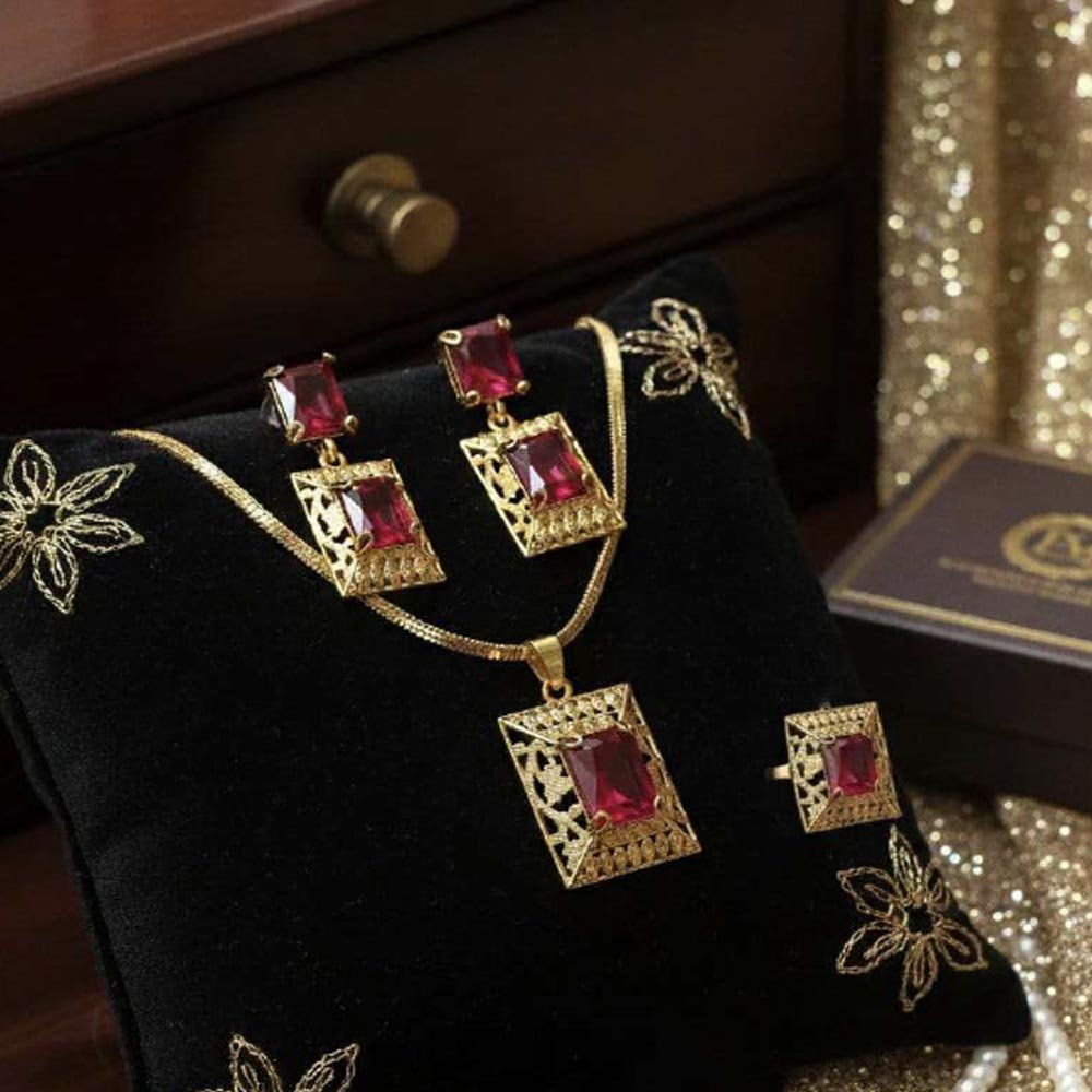 Gold Plated Ruby Stone Pendant Set With Ring & Earrings (Art No.120) - Image 3