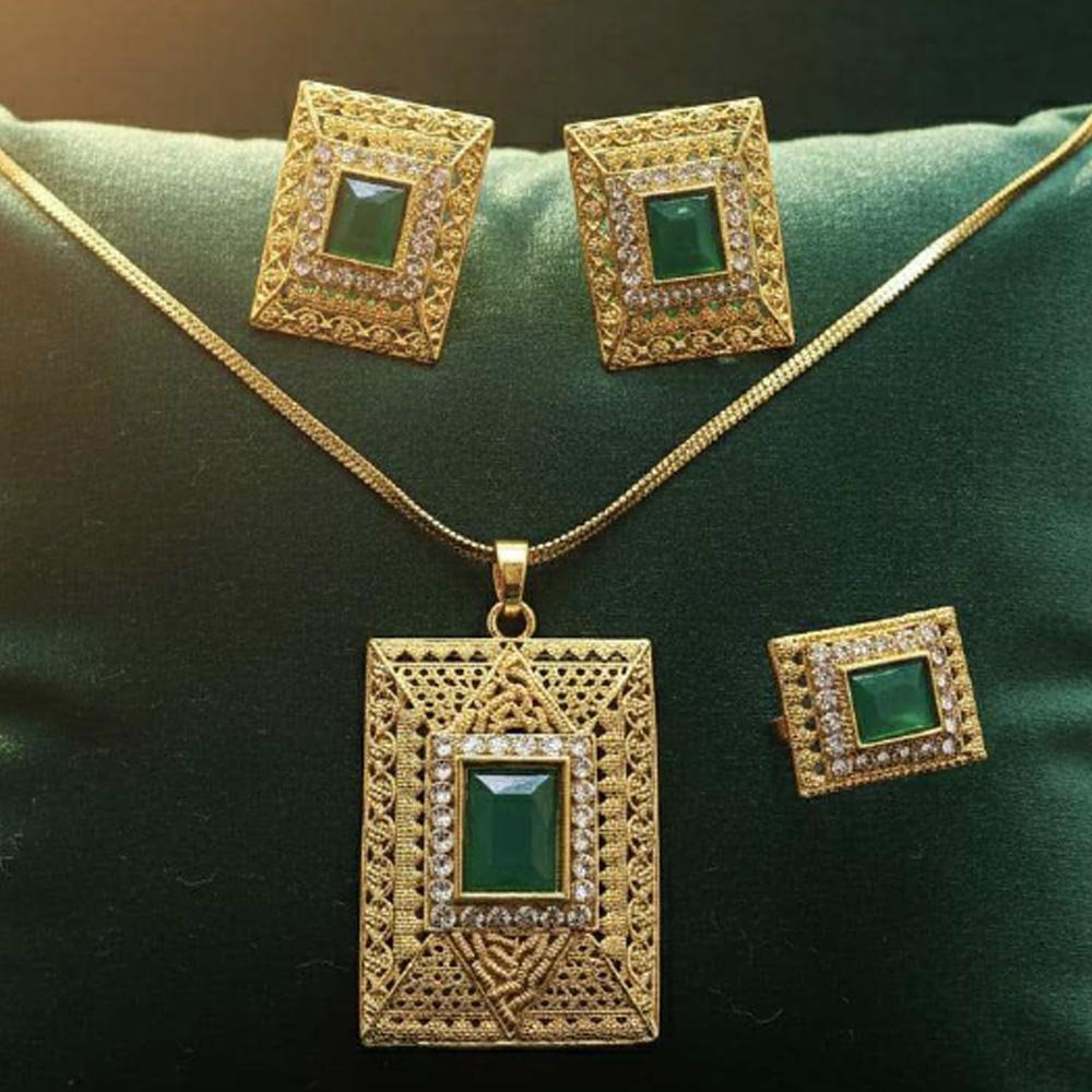 Gold Plated Green Stone Pendant Set With Earrings And Ring (Art No.123)