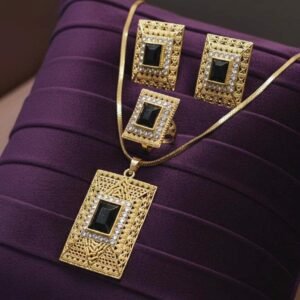 Gold Plated Black Stone Pendant Set With Earrings And Ring (Art No.125)