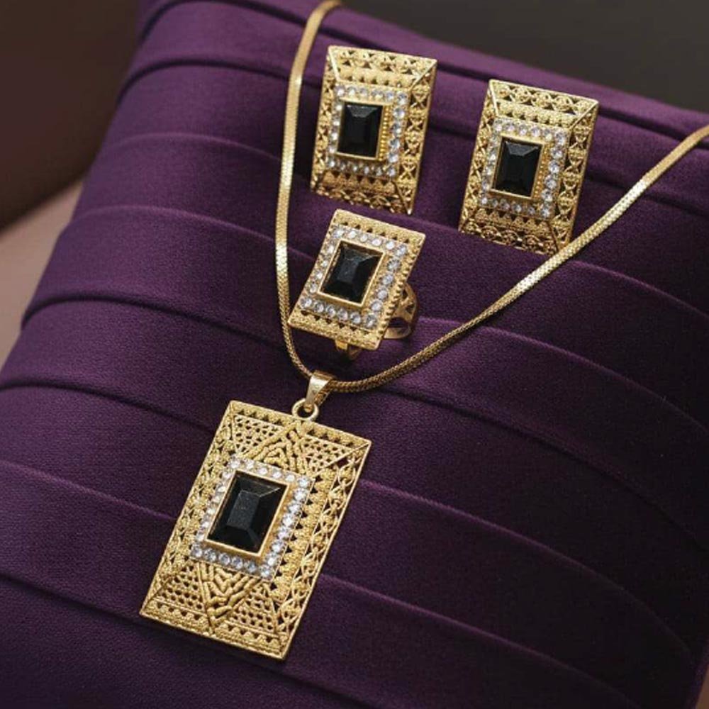 Gold Plated Black Stone Pendant Set With Earrings And Ring (Art No.125)