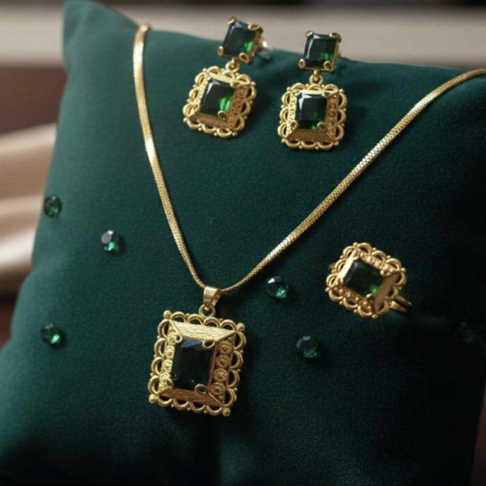 Gold Plated Green Stone Pendant Set With Earrings And Ring (Art No.118)