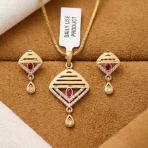 Gold Plated Ruby CZ Pendant Necklace & Earring Set (Art No.5)