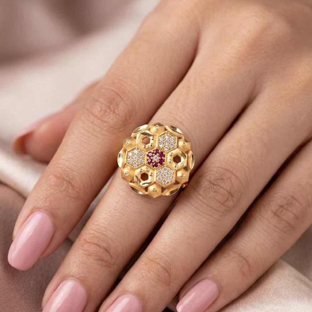 Gold Plated Floral CZ Adjustable Statement Ring (Art No.1) - Image 3
