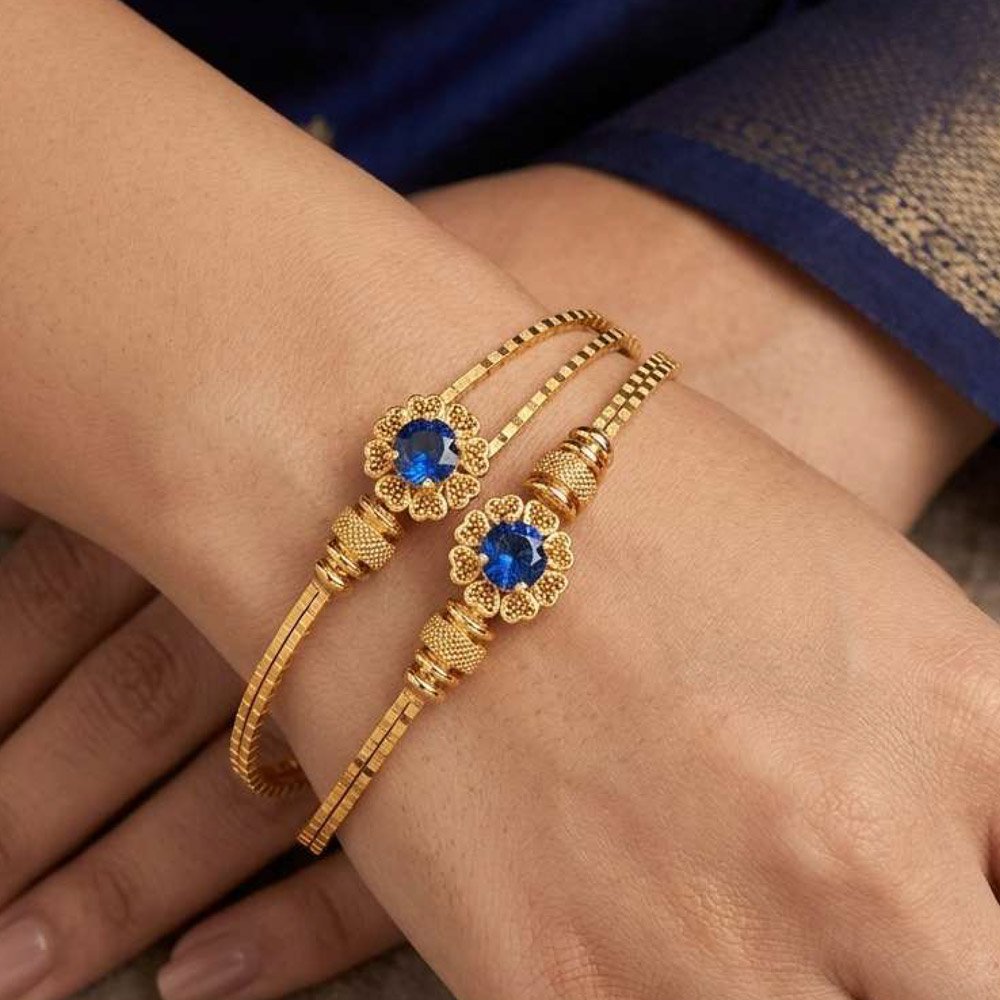 Gold Plated Blue Stone Floral Open Cuff Bracelet (Art No. 201) - Image 2