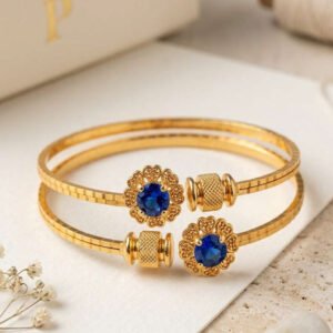 Gold Plated Blue Stone Floral Open Cuff Bracelet (Art No. 201)