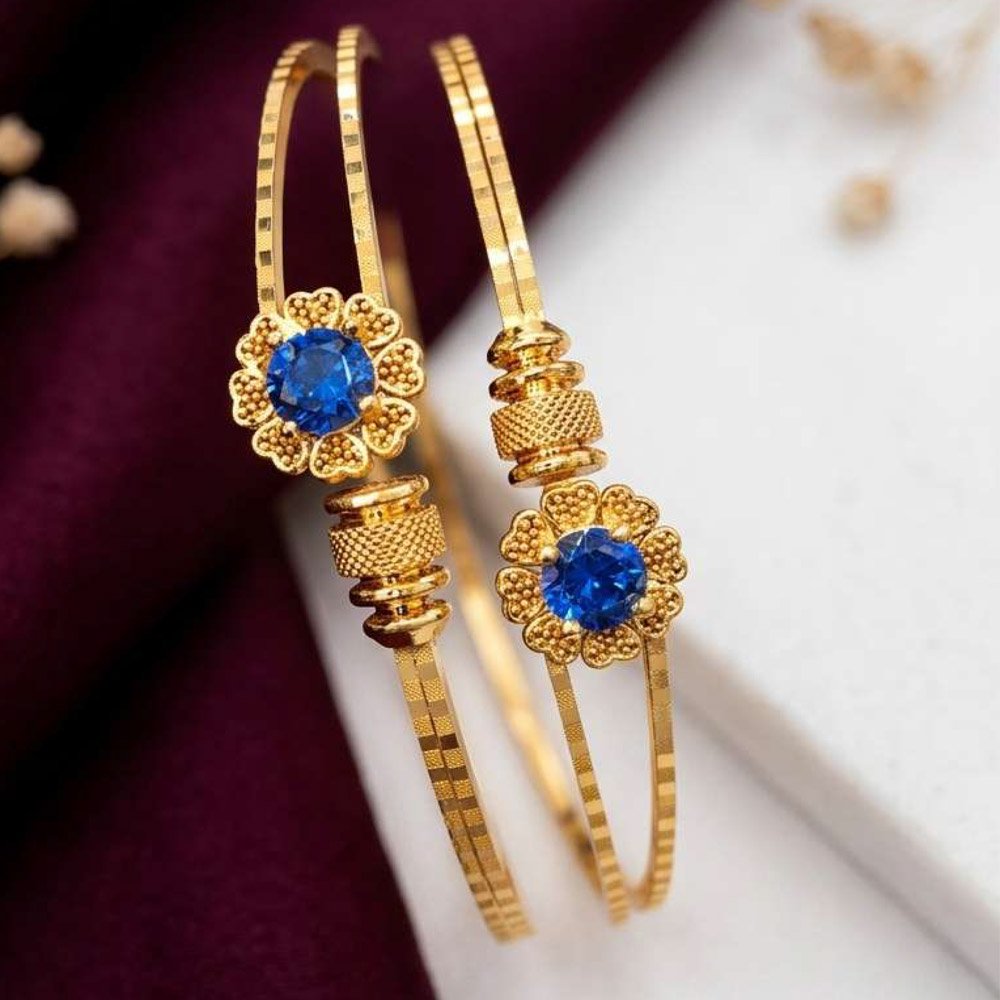 Gold Plated Blue Stone Floral Open Cuff Bracelet (Art No. 201) - Image 4